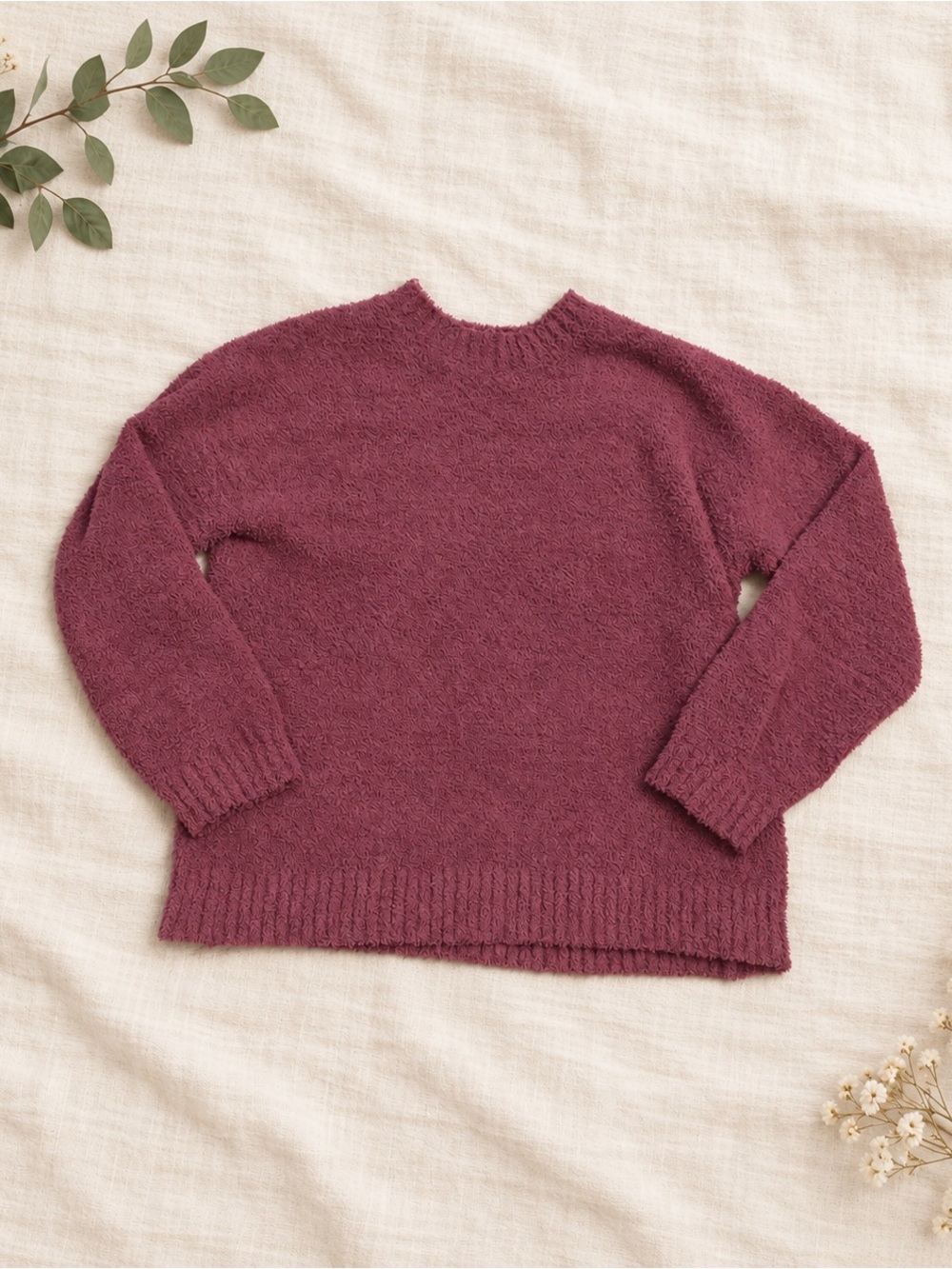 Merokeety Fuzzy Popcorn Knit Crewneck Sweater Berry Mauve Size M